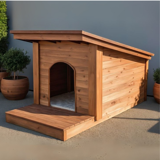 Handmade wooden doghouse with sloped roof and front entrance