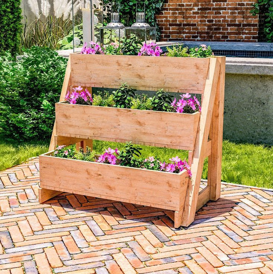 DIY 3-tier planter box filled with flowers on a patio