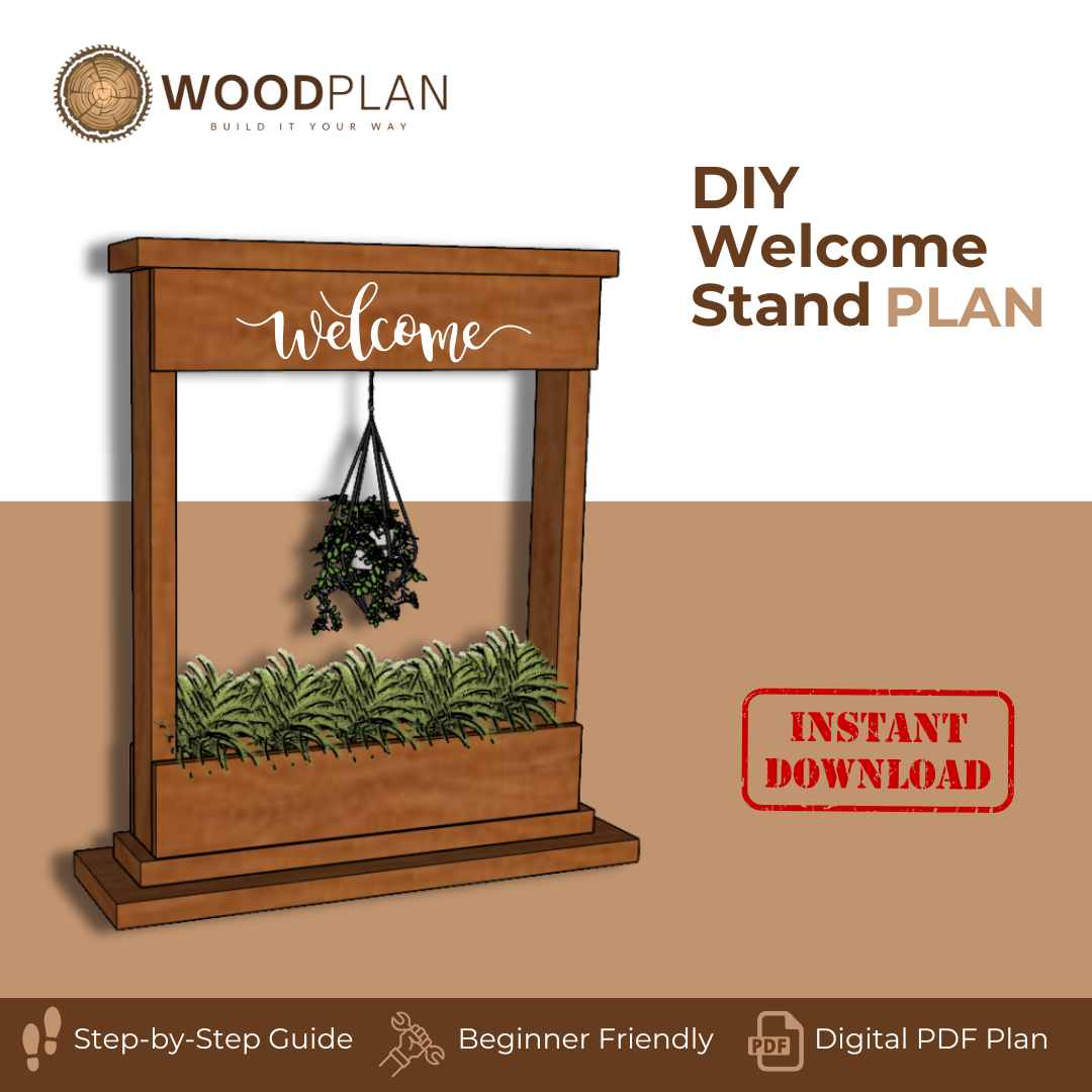 Welcome Stand Woodworking Plan with Hanging Planter Box – DIY Porch Decor – Vertical Plant Stand – Digital Download – Easy Beginner Project