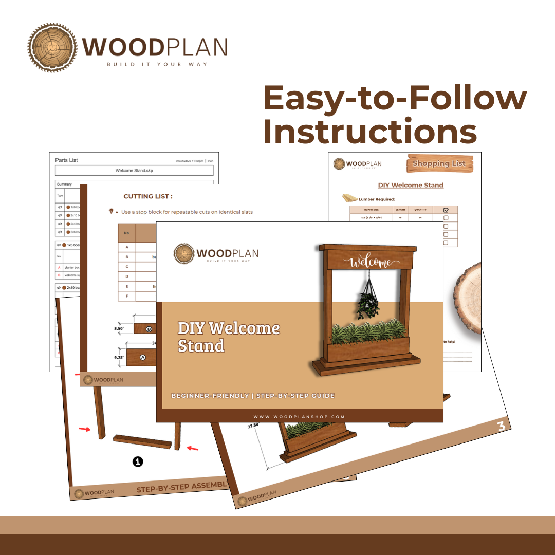 Welcome Stand Woodworking Plan with Hanging Planter Box – DIY Porch Decor – Vertical Plant Stand – Digital Download – Easy Beginner Project