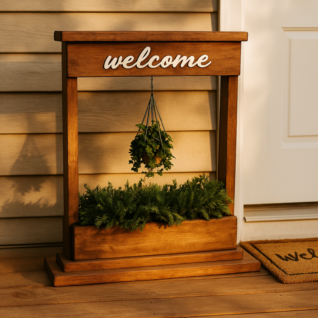 Welcome Stand Woodworking Plan with Hanging Planter Box – DIY Porch Decor – Vertical Plant Stand – Digital Download – Easy Beginner Project