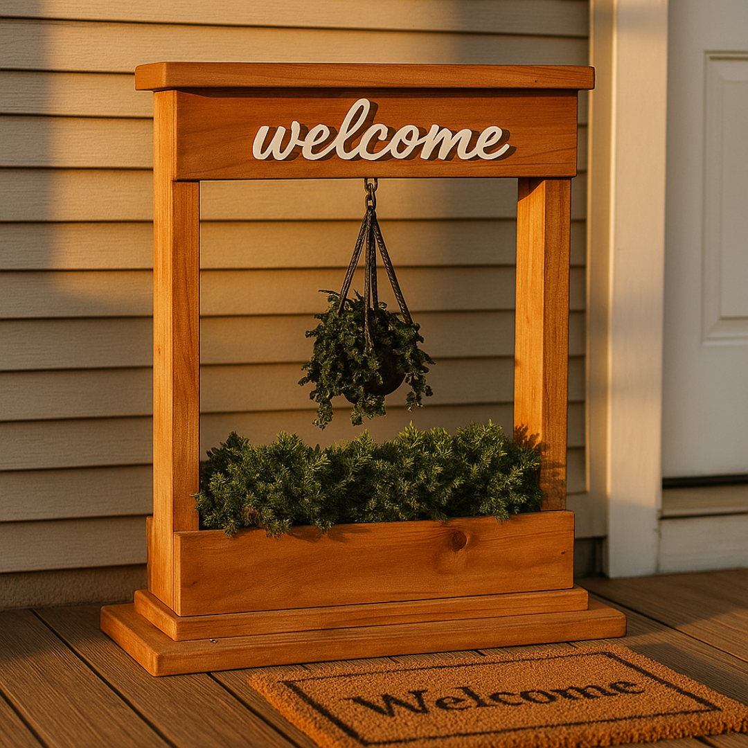 Welcome Stand Woodworking Plan with Hanging Planter Box – DIY Porch Decor – Vertical Plant Stand – Digital Download – Easy Beginner Project