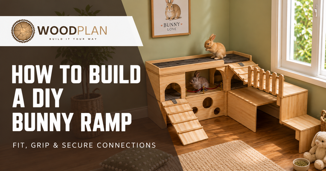 Rabbit playground with castles, a connecting tunnel, and wooden ramps leading to raised window platforms.