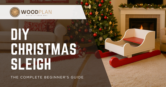 DIY wooden Christmas sleigh plan with dimensions, front and side view