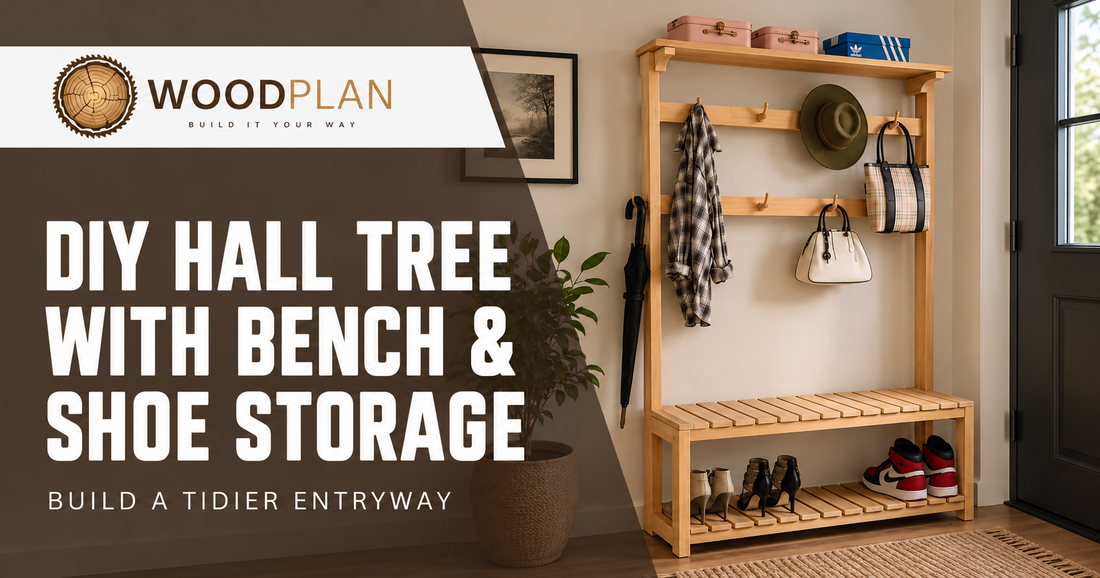 Wooden DIY hall tree with a slatted bench seat, lower shoe-storage shelf, coat hooks, and an upper shelf in an entryway.