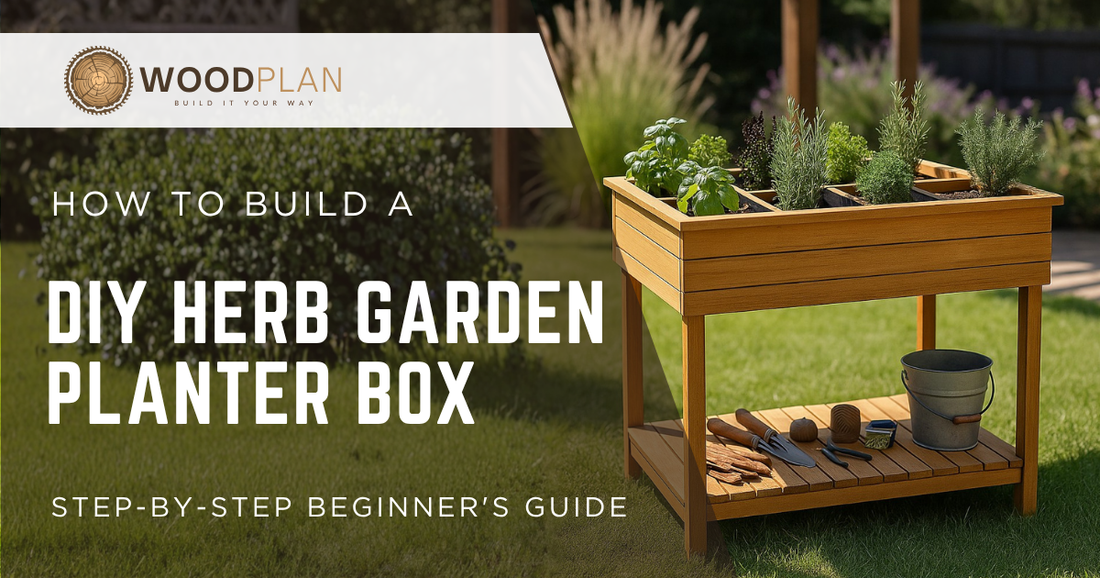 DIY herb garden planter box with divided planting sections and lower storage shelf, built from wood
