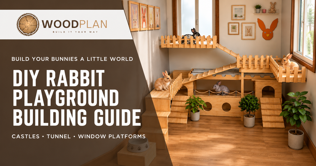 Wooden DIY rabbit playground with two stacked castle towers, connecting tunnel, stairs, ramps, and upper window platforms.