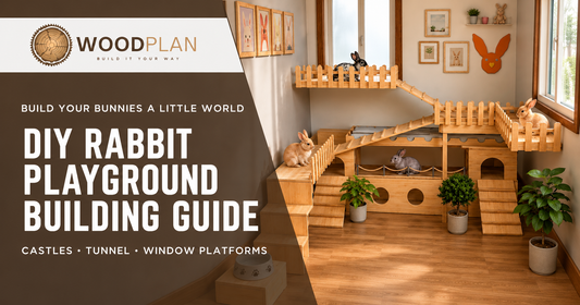 Wooden DIY rabbit playground with two stacked castle towers, connecting tunnel, stairs, ramps, and upper window platforms.