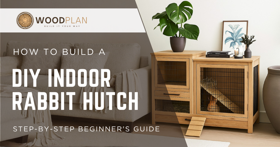 DIY indoor rabbit hutch woodworking plan - furniture-style two-level bunny hutch with wire doors and pull-out drawers from WoodPlanShop
