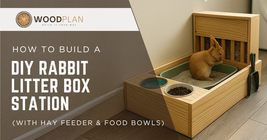 DIY rabbit comfort station woodworking plan - litter box hay feeder and food bowl holder beginner build