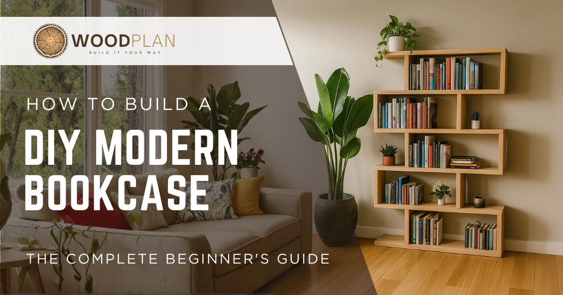 DIY modern 2x8 bookcase woodworking plan - beginner-friendly staggered shelf bookcase build from WoodPlanShop