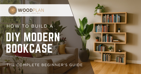 DIY modern 2x8 bookcase woodworking plan - beginner-friendly staggered shelf bookcase build from WoodPlanShop