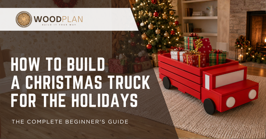DIY wooden Christmas truck plan with dimensions, front and side view