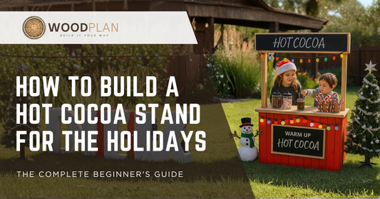 DIY wooden hot cocoa stand plan with dimensions, front and side view