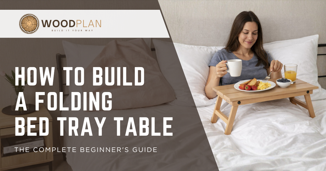DIY folding bed tray table plan with dimensions, front and side view