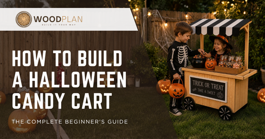 DIY wooden Halloween candy cart plan with dimensions, front and side view