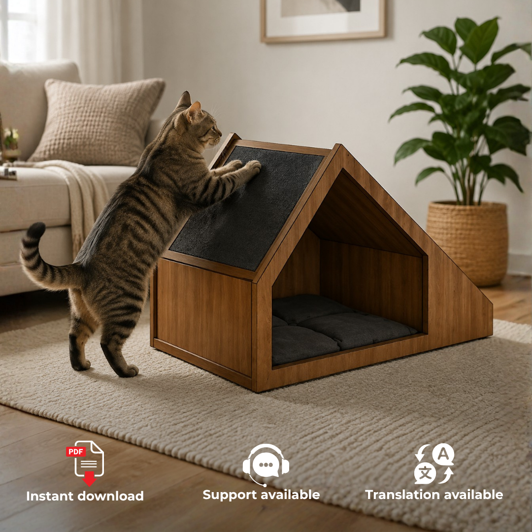 Cat House Plans PDF – DIY Wooden Hideout with Bowl Holders & Roof Scratcher