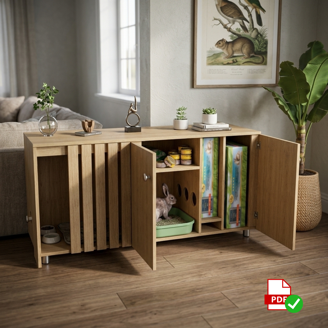 Indoor Rabbit Hutch Woodworking DIY Plan : Enclosure with Hay Storage and Flexible Access Doors