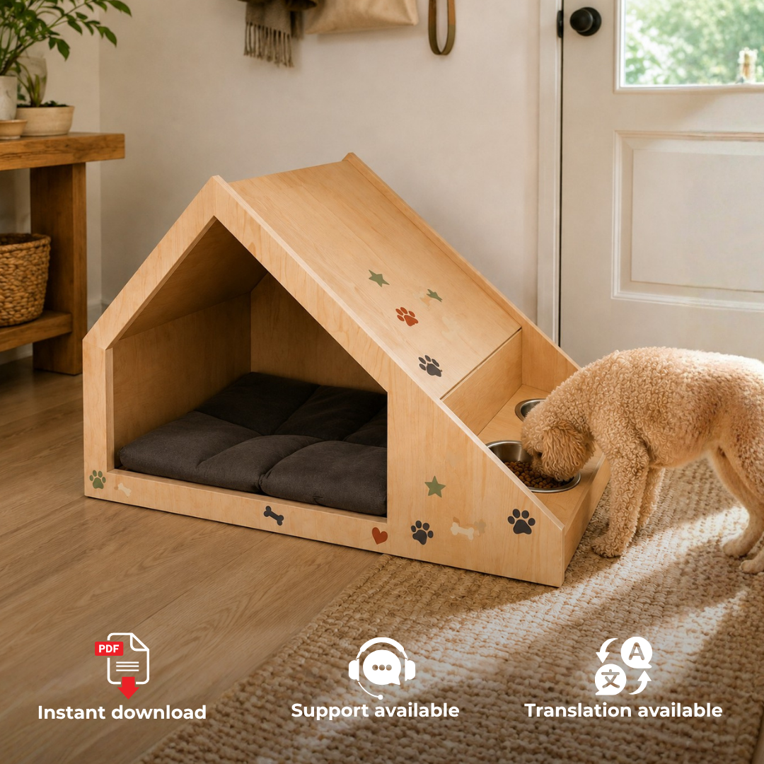 Indoor Dog House Plans PDF – DIY Wooden Dog Bed with Bowl Holders