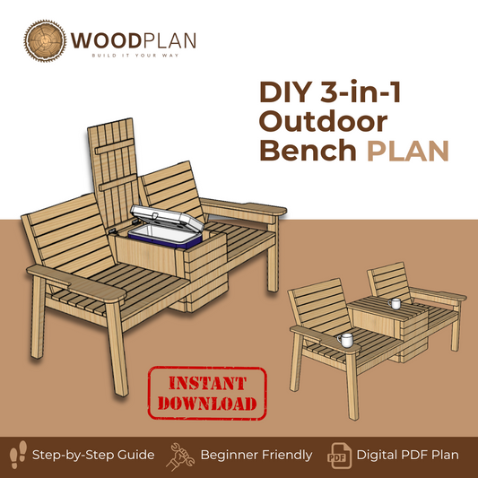 3-in-1 Double Bench PDF Plan – DIY Cooler Bench & Table – Outdoor Woodworking Project for Backyard