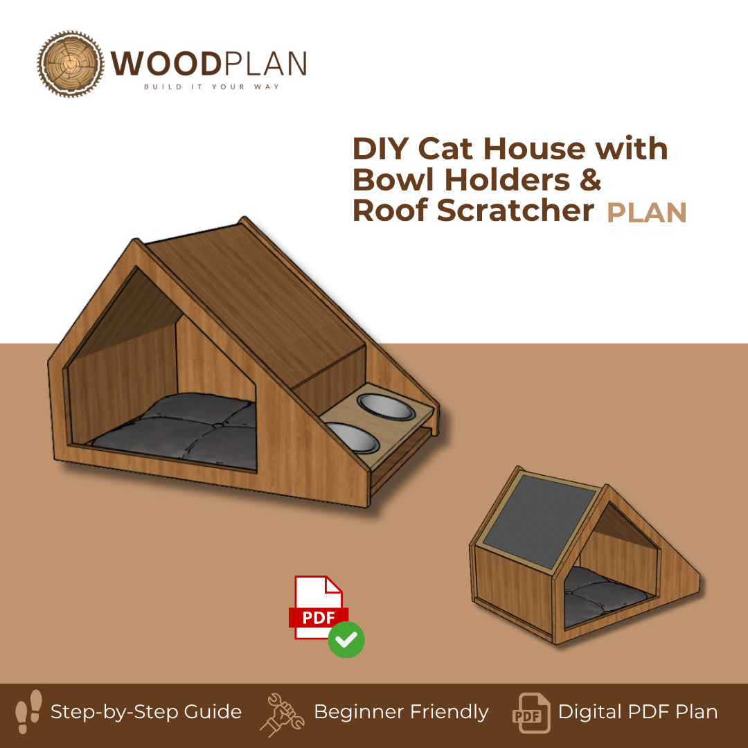 Cat House Plans PDF – DIY Wooden Hideout with Bowl Holders & Roof Scratcher