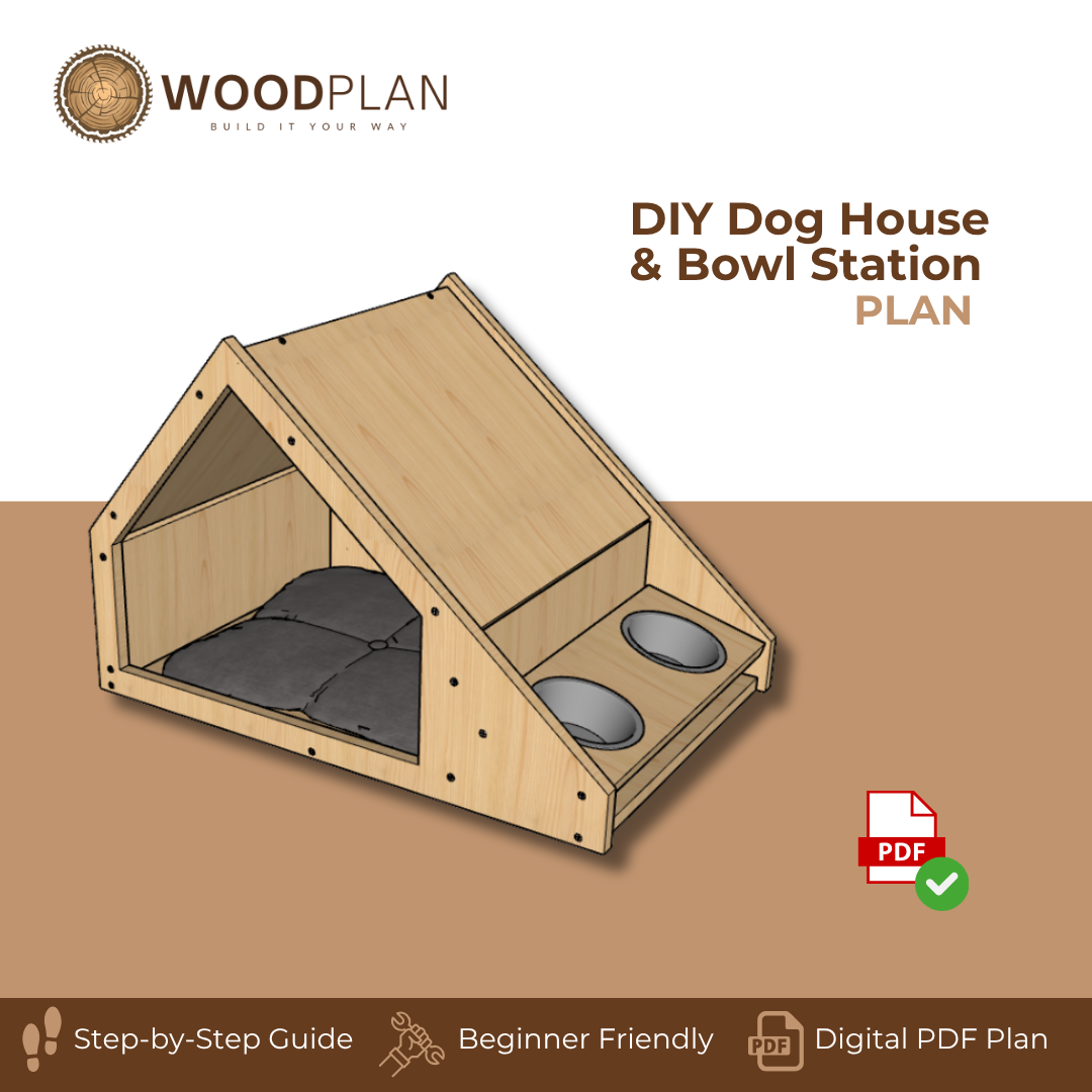 Indoor Dog House Plans PDF – DIY Wooden Dog Bed with Bowl Holders