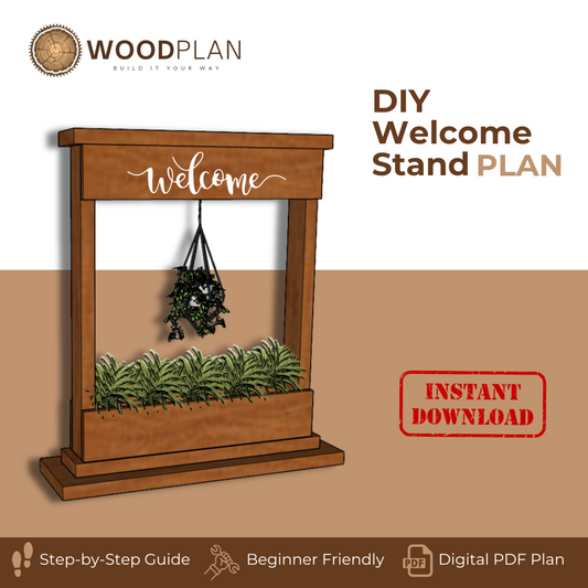 Welcome Stand Woodworking Plan with Hanging Planter Box – DIY Porch Decor – Vertical Plant Stand – Digital Download – Easy Beginner Project