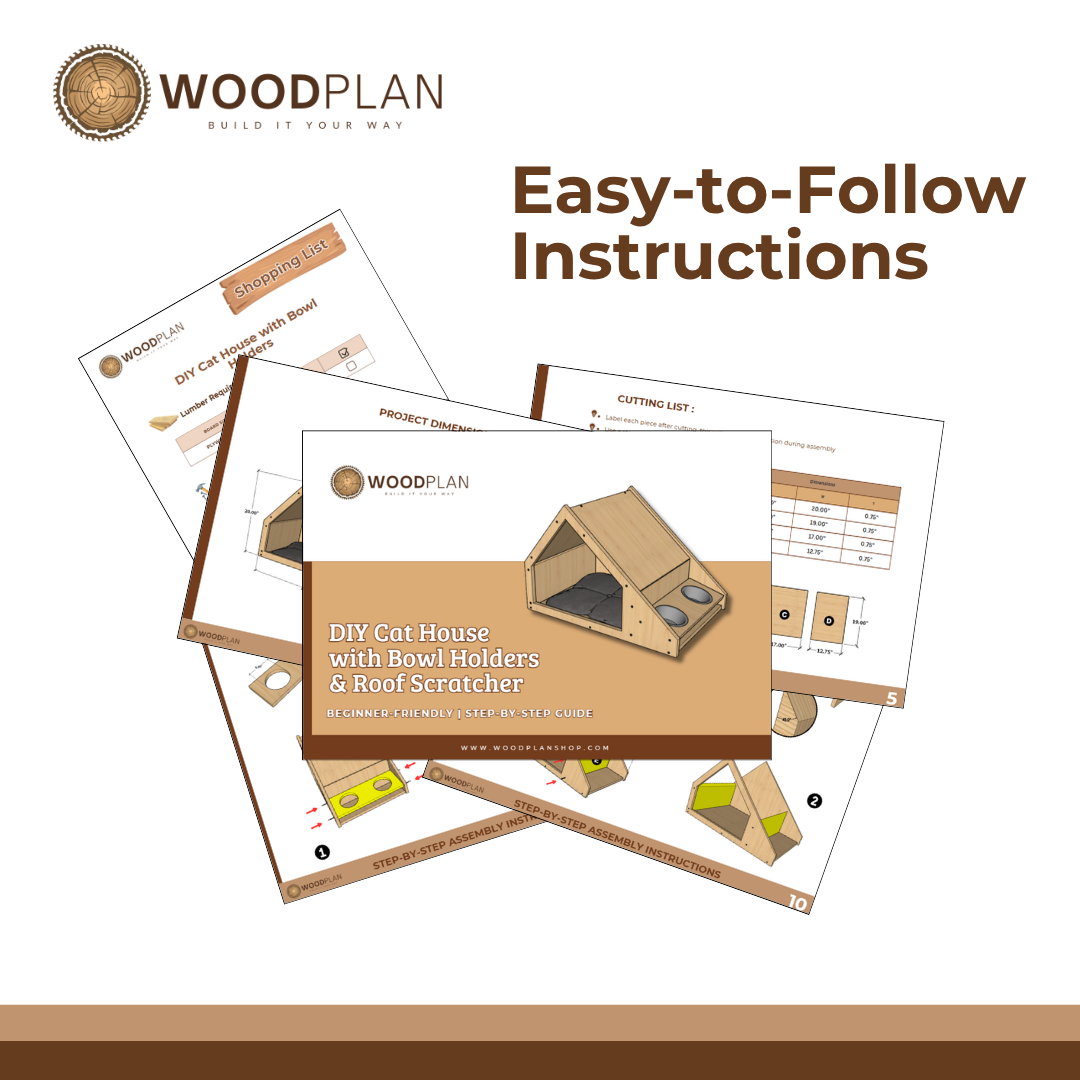 Cat House Plans PDF – DIY Wooden Hideout with Bowl Holders & Roof Scratcher