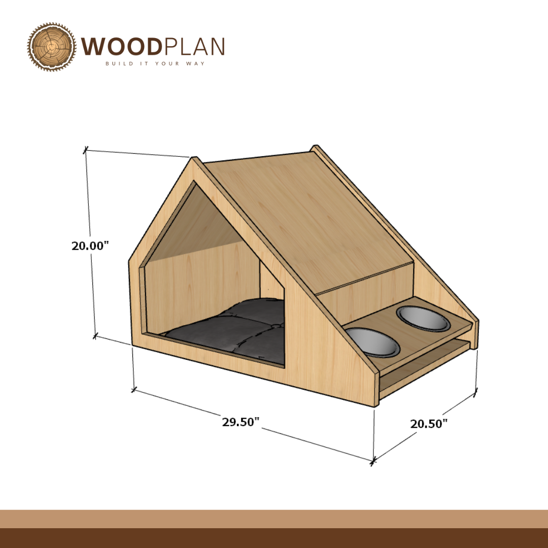 Indoor Dog House Plans PDF – DIY Wooden Dog Bed with Bowl Holders