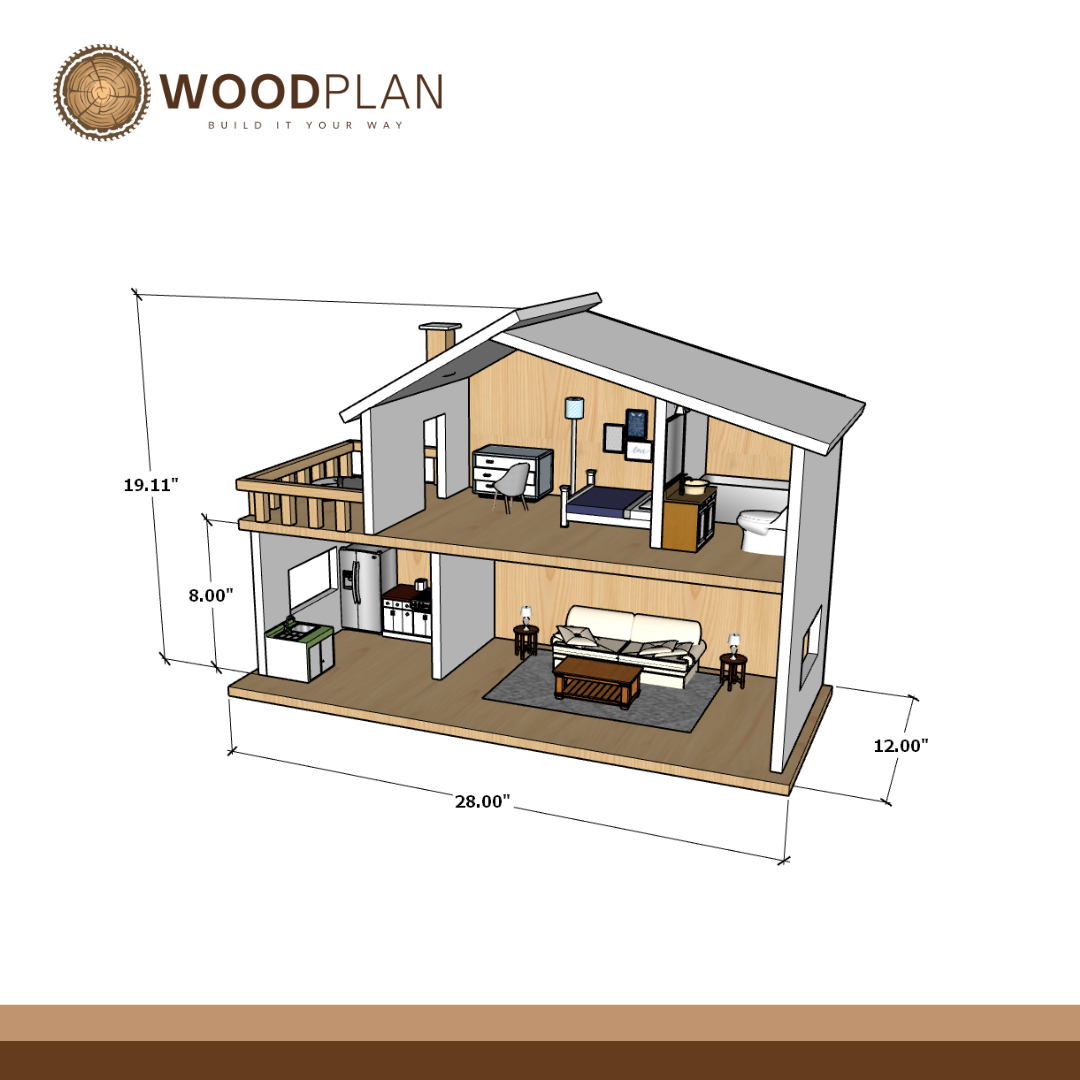 Dollhouse Plan PDF: Two-Story Modern Design with Balcony (Digital Woodworking PDF)