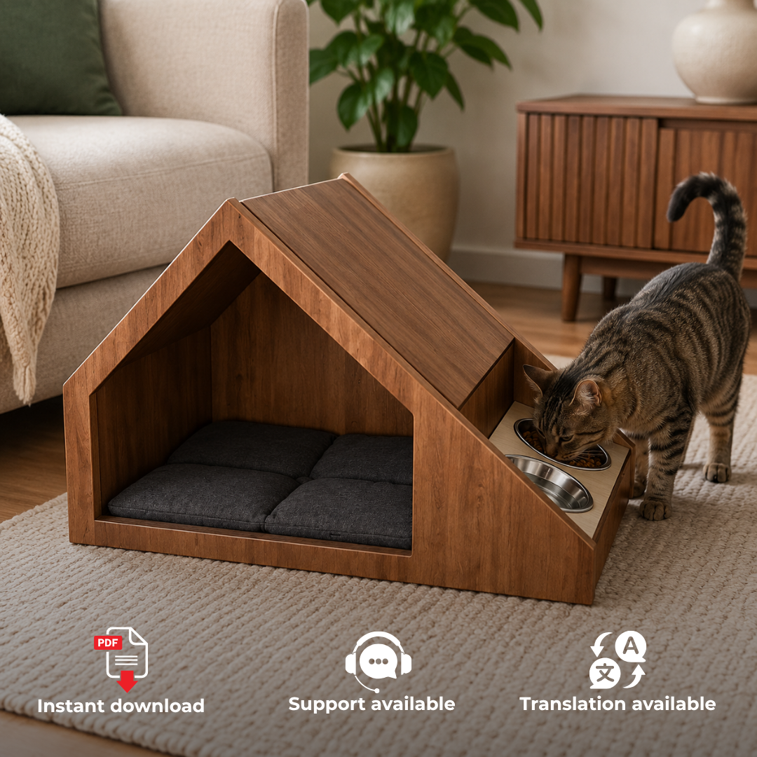 Cat House Plans PDF – DIY Wooden Hideout with Bowl Holders & Roof Scratcher