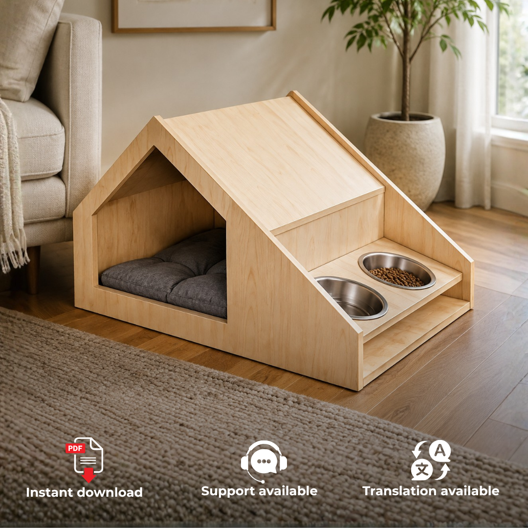 Indoor Dog House Plans PDF – DIY Wooden Dog Bed with Bowl Holders