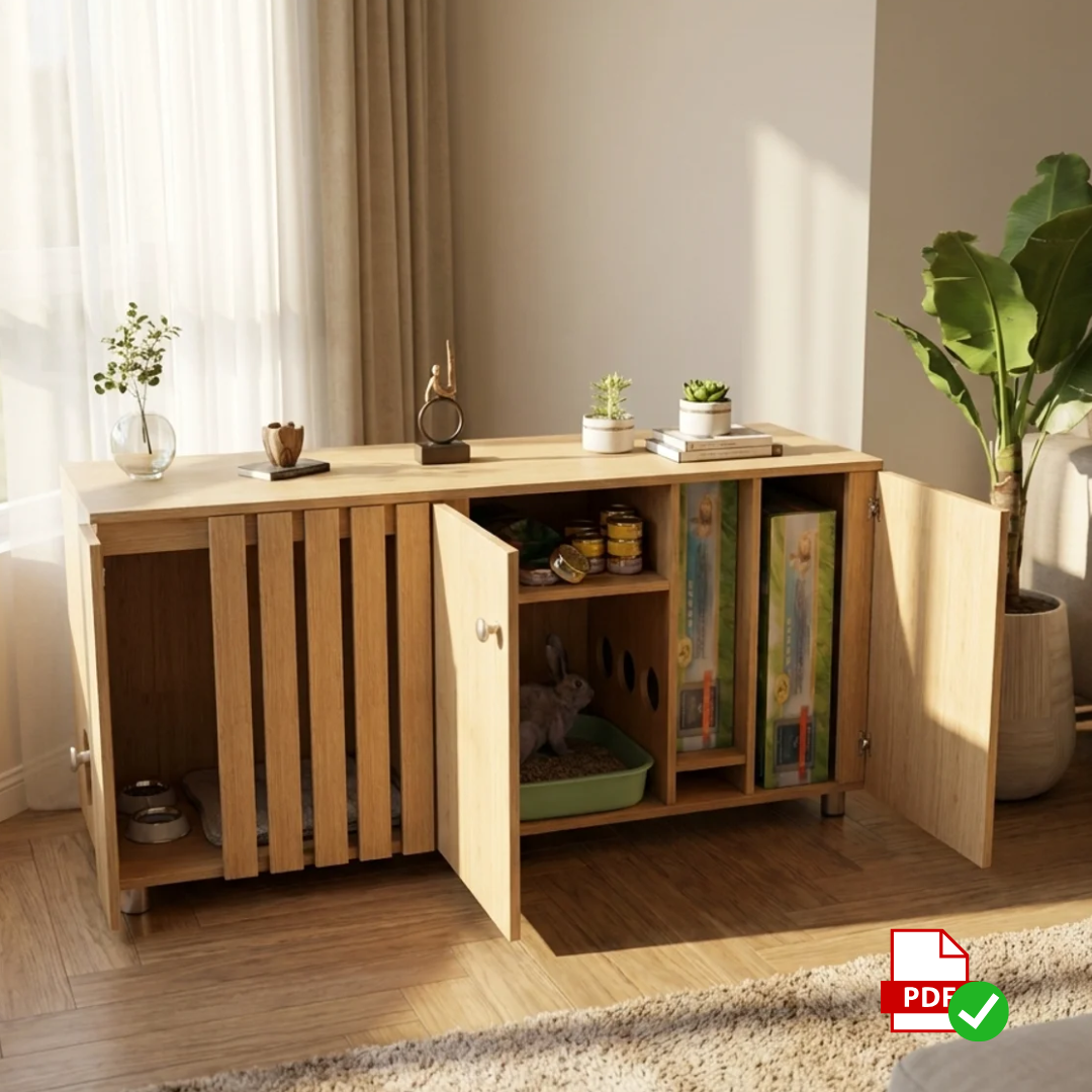 Indoor Rabbit Hutch Woodworking DIY Plan : Enclosure with Hay Storage and Flexible Access Doors