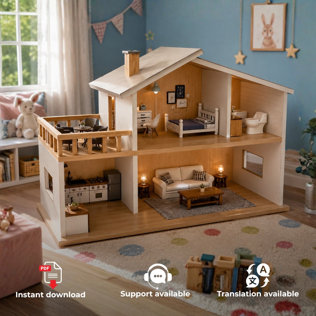 Dollhouse Plan PDF: Two-Story Modern Design with Balcony (Digital Woodworking PDF)