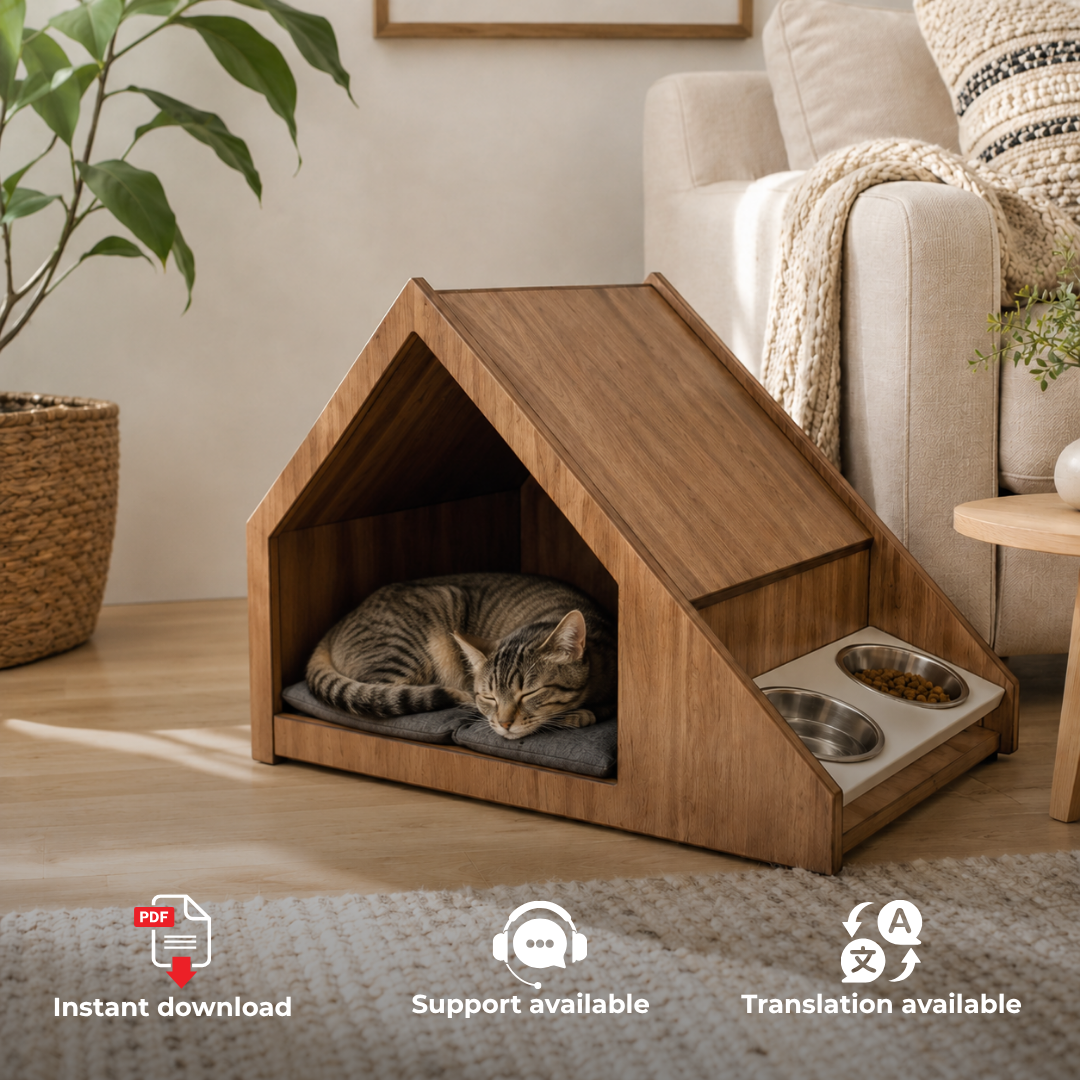 Cat House Plans PDF – DIY Wooden Hideout with Bowl Holders & Roof Scratcher