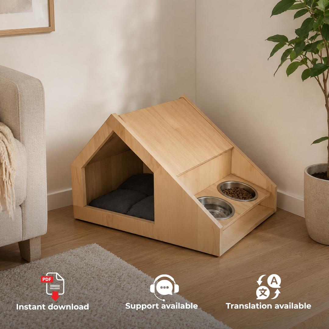 Indoor Dog House Plans PDF – DIY Wooden Dog Bed with Bowl Holders