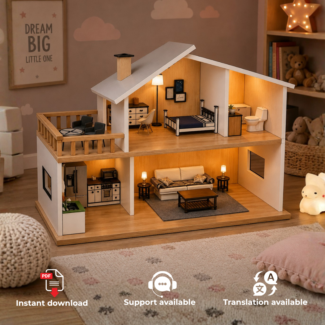 Dollhouse Plan PDF: Two-Story Modern Design with Balcony (Digital Woodworking PDF)