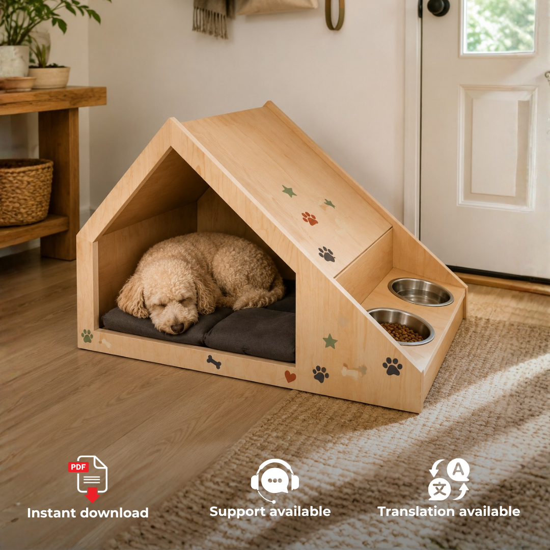 Indoor Dog House Plans PDF – DIY Wooden Dog Bed with Bowl Holders