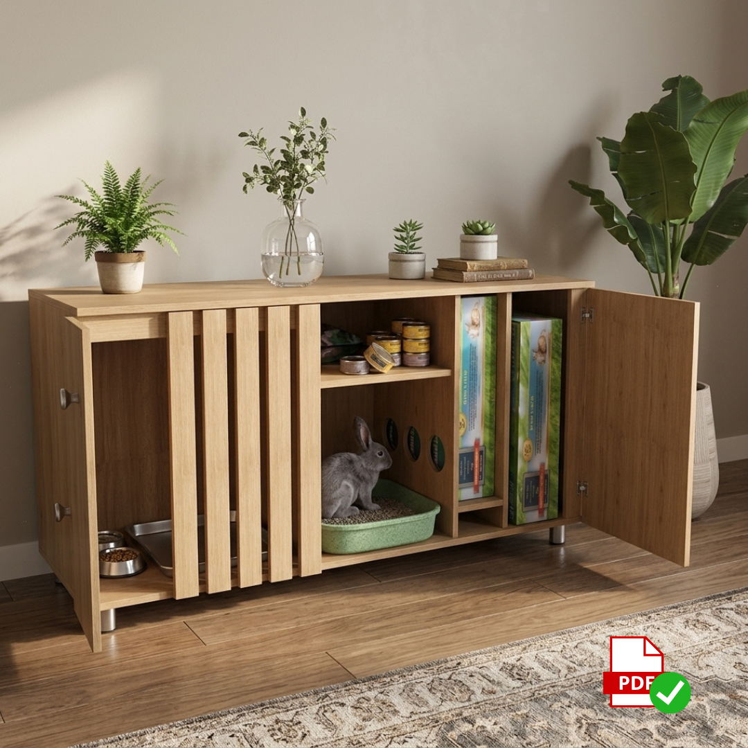 Indoor Rabbit Hutch Woodworking DIY Plan : Enclosure with Hay Storage and Flexible Access Doors