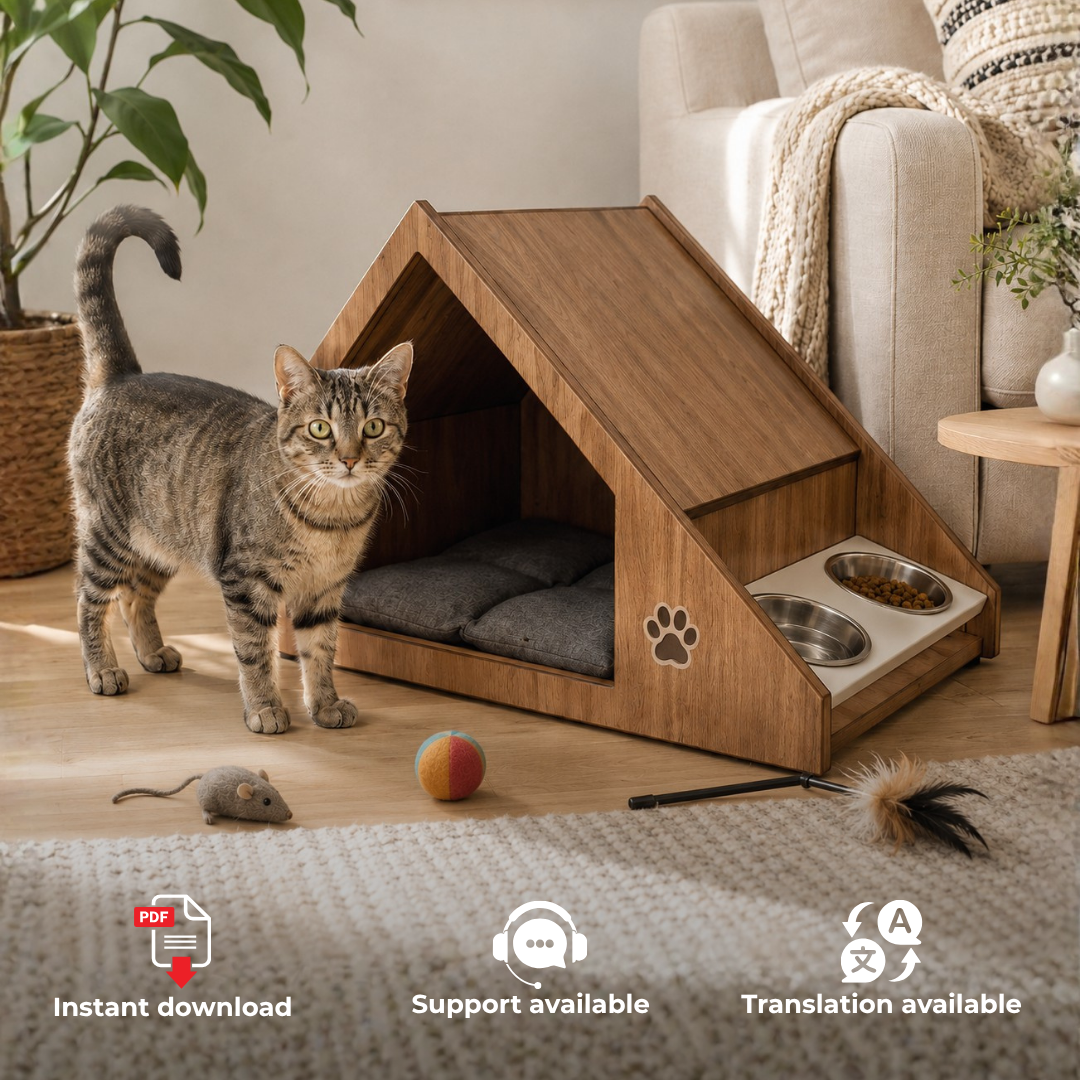 Cat House Plans PDF – DIY Wooden Hideout with Bowl Holders & Roof Scratcher