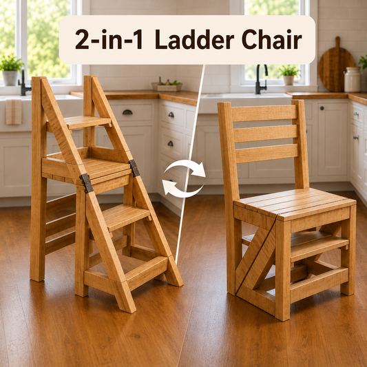 A wooden 2-in-1 ladder chair shown in two configurations: folded as steps on the left and as a chair on the right, with a kitchen background and the text '2-in-1 Ladder Chair' at the top.
