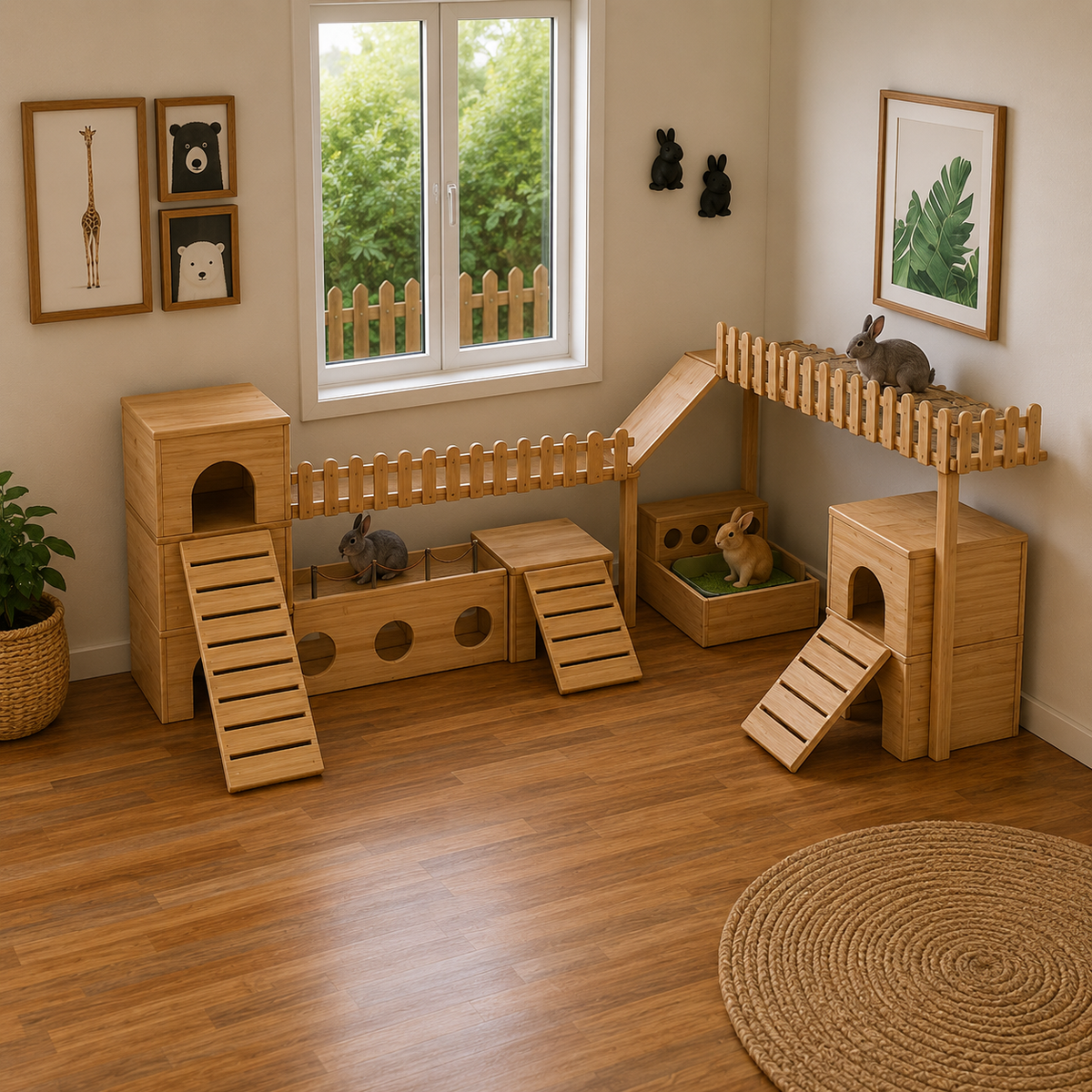 A large wooden multi-level hamster and rabbit playpen set up in a bright room with wood flooring, a window, framed wall art, and a woven rug. Several rabbits are visible inside and on the structures.