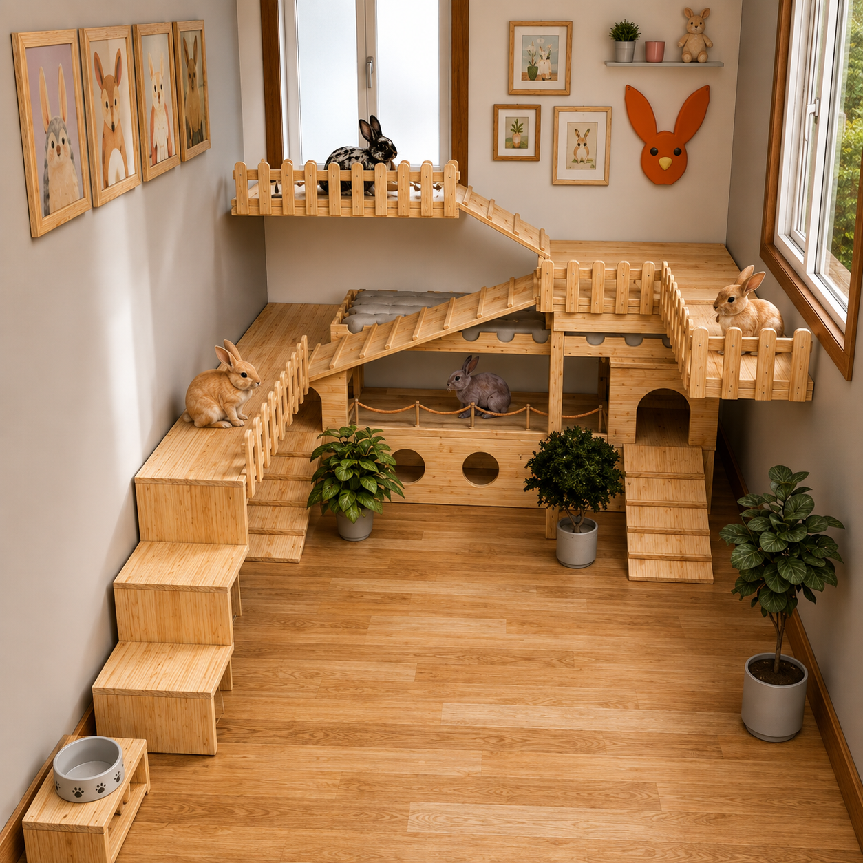 A large wooden multi-level rabbit playpen set up in a room with wood flooring, featuring stairs, ramps, platforms, small tunnels, and shelves. Several rabbits are visible inside and on the structure, along with potted plants and framed animal artwork on the walls.