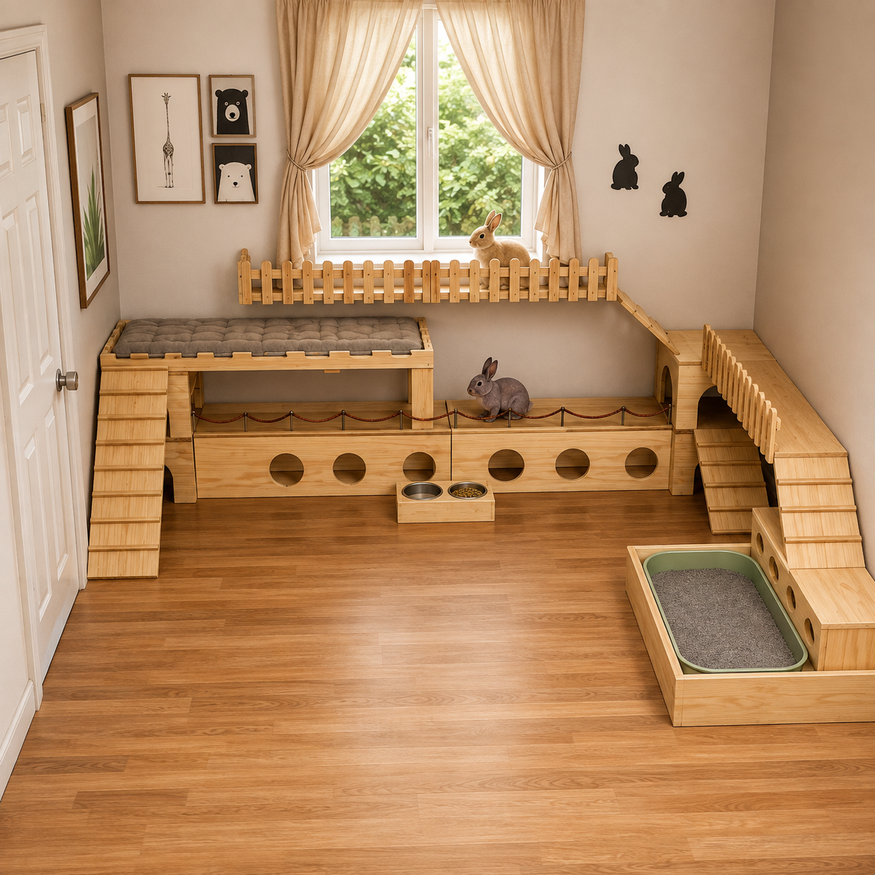 A large wooden multi-level rabbit enclosure with stairs, platforms, a window perch, food bowls, and a litter box, shown in a styled room with wood flooring, beige walls, curtains, and two rabbits on and inside the enclosure.