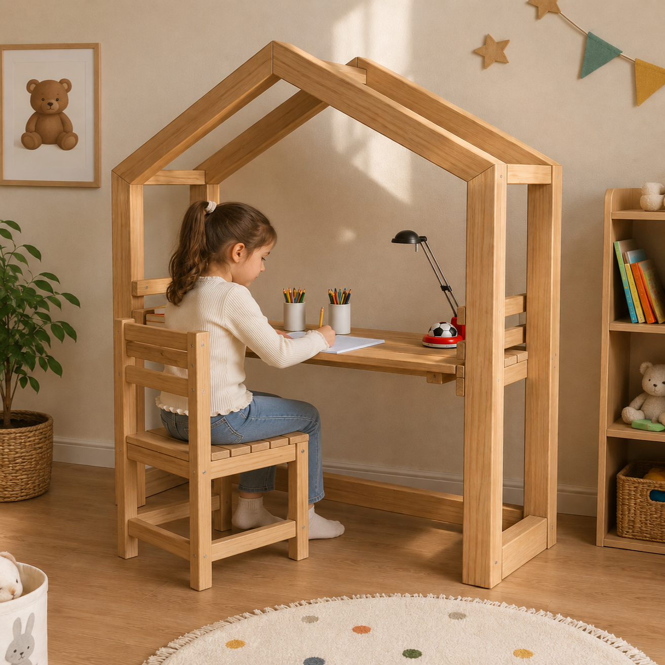 A young girl sits at a house-shaped wooden desk and chair set in a cozy, sunlit children's room. The set includes a light natural wood desk and matching chair, styled with a small black desk lamp, pencil cups, and stationery.