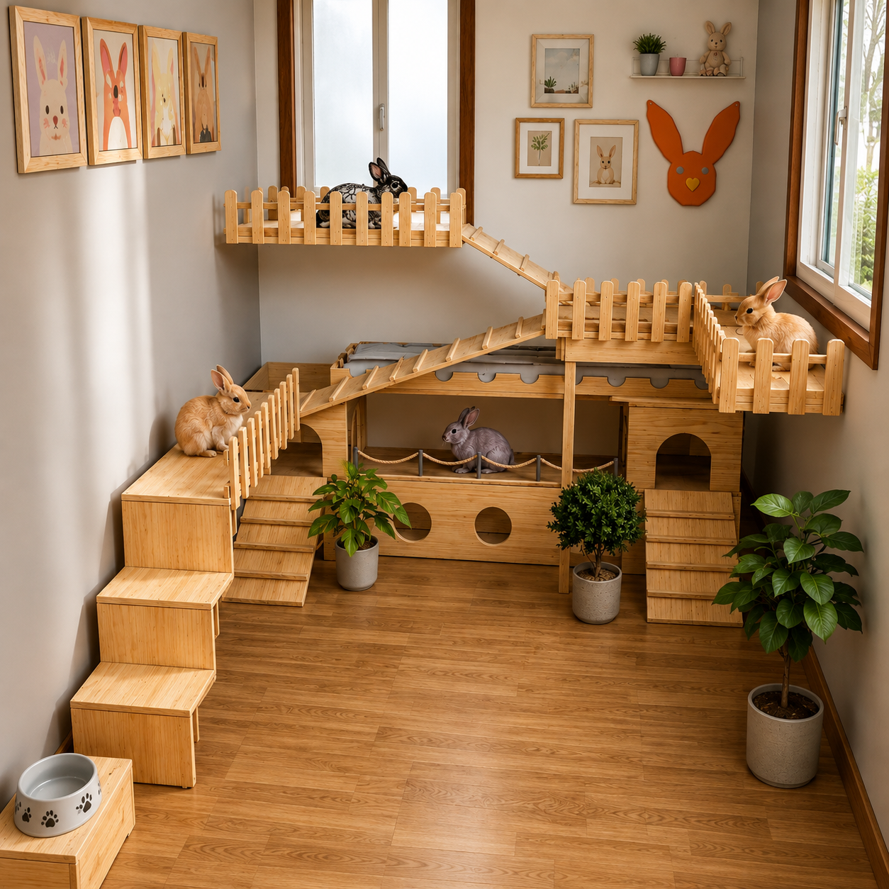 A large wooden multi-level rabbit playhouse with stairs, ramps, climbing walls, and small enclosed chambers, shown in a styled room with rabbits sitting on different platforms and potted plants around it.