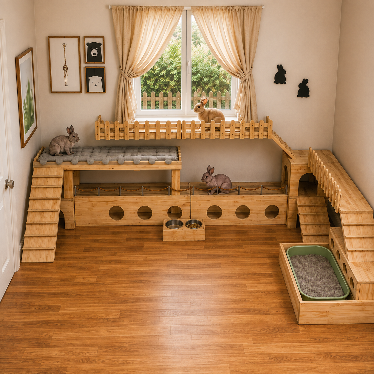 A large wooden multi-level rabbit enclosure with ramps, platforms, tunnels, a window perch, and a separate litter box, shown in a styled room with rabbits present.