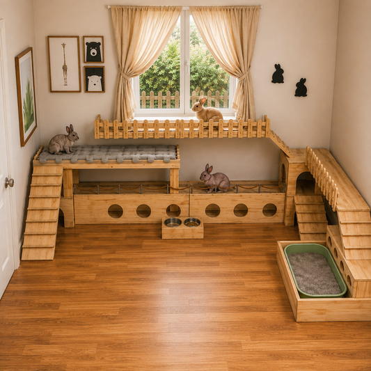 A large wooden multi-level rabbit enclosure with ramps, platforms, tunnels, a window perch, and a separate litter box, shown in a styled room with rabbits present.