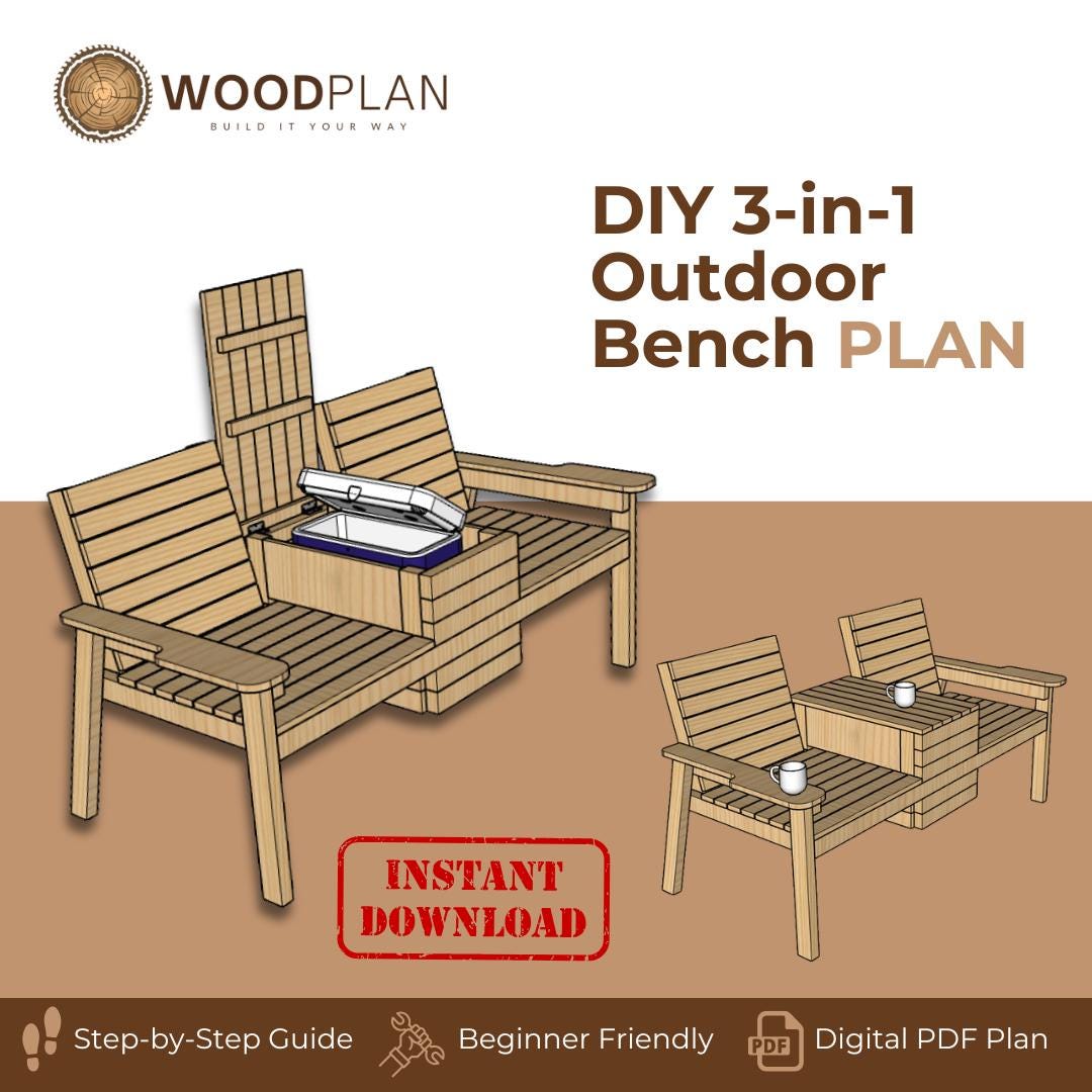 Outdoor 3-in-1 Bench PDF Plan – DIY Double Seating with Hidden Cooler & Flip-Top Table
