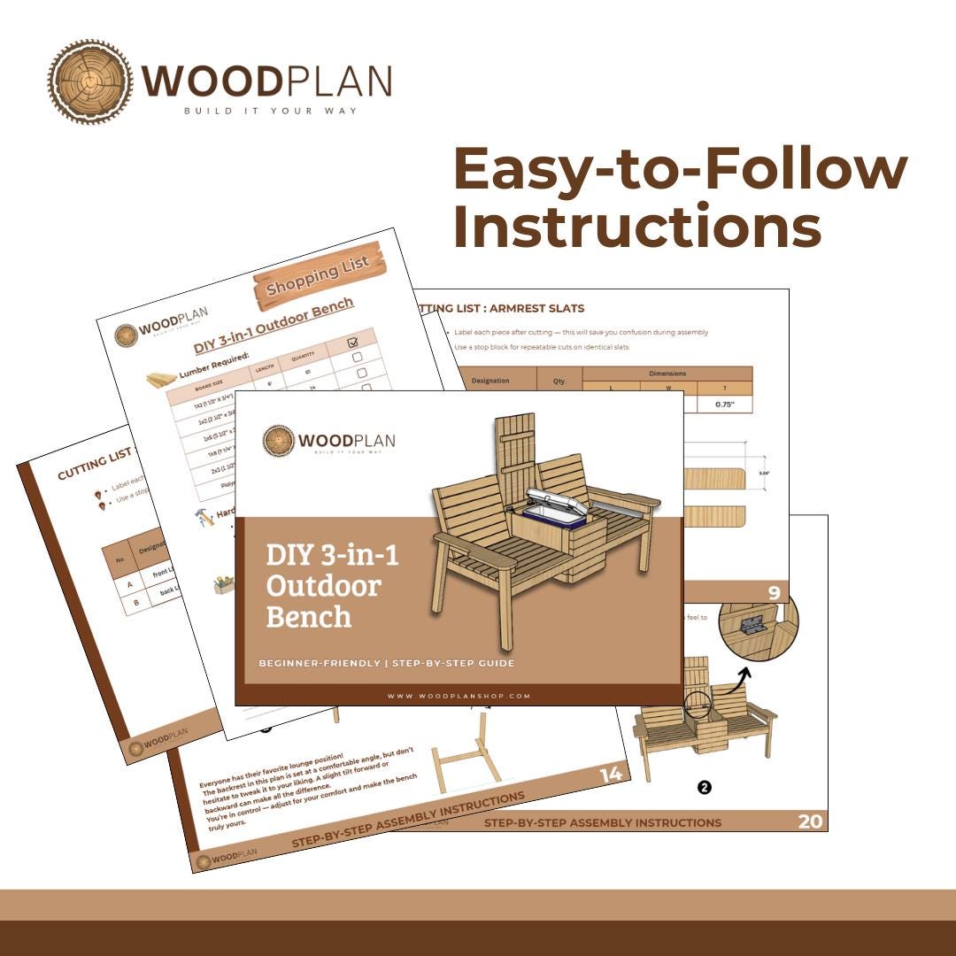 Outdoor 3-in-1 Bench PDF Plan – DIY Double Seating with Hidden Cooler & Flip-Top Table